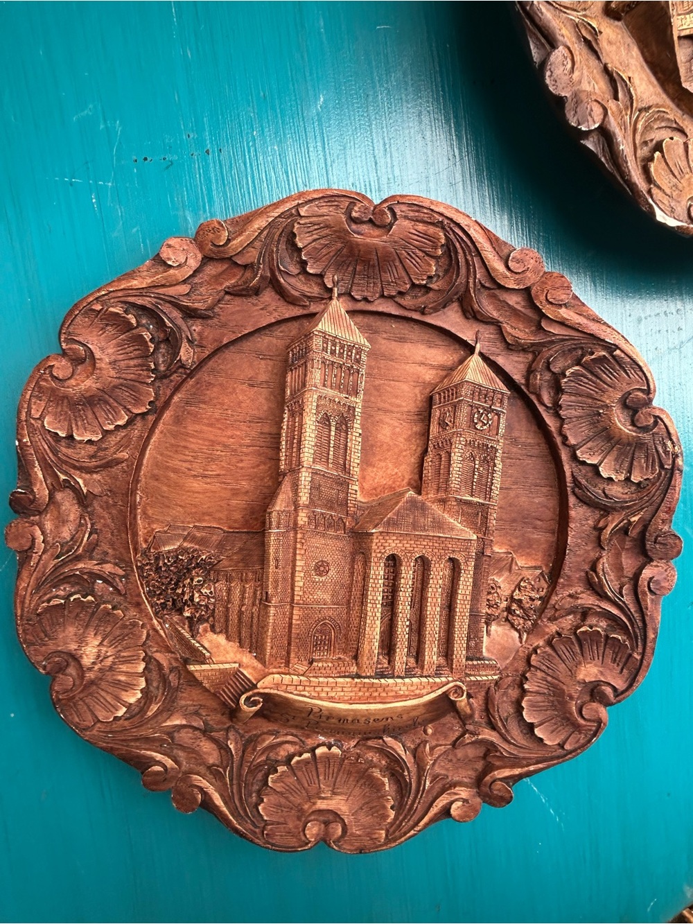 Hand-Carved Brown Wood Church Wall Plaque - Decorative Home Wall Decor